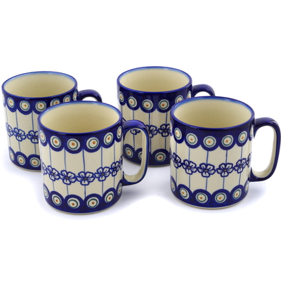 Polish Pottery Set of 4 Mugs Flowering Peacock