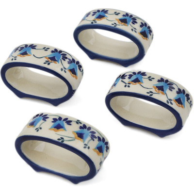 Polish Pottery Set of 4 Napkin Rings Campanula Flower UNIKAT