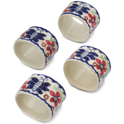 Polish Pottery Set of 4 Napkin Rings Red Flower Meadow