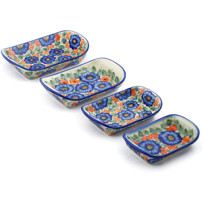Polish Pottery Set of 4 Rectangular Bakers 11&quot; Flowers In Bloom UNIKAT