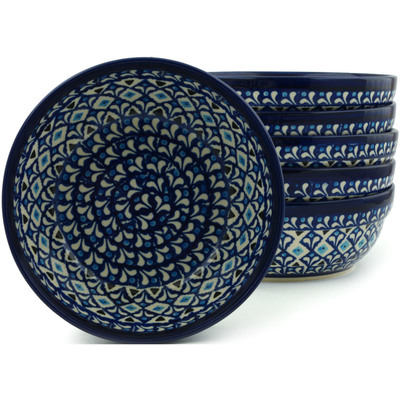 Polish Pottery Set of 6 Bowls 7&quot; Blue Diamond Dream