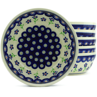 Polish Pottery Set of 6 Bowls 7&quot; Bright Peacock Daisy
