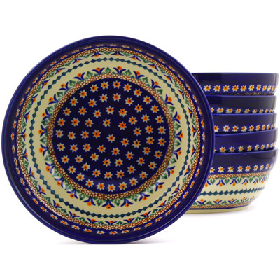 Polish Pottery Set of 6 Bowls 7&quot; Floral Peacock UNIKAT