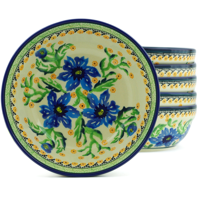 Polish Pottery Set of 6 Bowls 7&quot; Gentian Bouquet UNIKAT