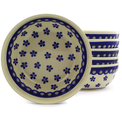 Polish Pottery Set of 6 Bowls 7&quot; Peacock Daisy
