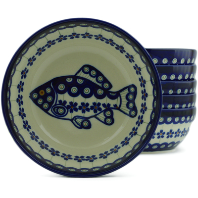 Polish Pottery Set of 6 Bowls 7&quot; Peacock Fish