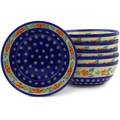 Polish Pottery Set of 6 Bowls 7&quot; Poinsetia Peacock