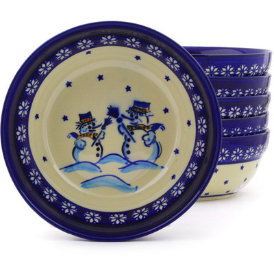 Polish Pottery Set of 6 Bowls 7&quot; Snow Buddies