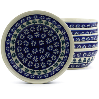 Polish Pottery Set of 6 Bowls 7&quot; Snowflakes And Pines