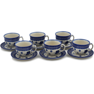 Polish Pottery Set of 6 Cups with Saucers Bleu-belle Fleur