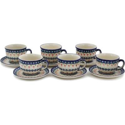 Polish Pottery Set of 6 Cups with Saucers Tulips And Diamonds