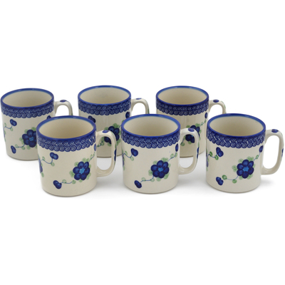 Polish Pottery Set of 6 Mugs Blue Poppies
