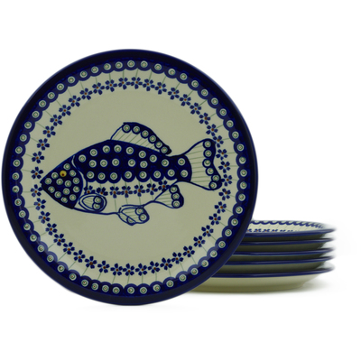 Polish Pottery Set of 6 Plates 11&quot; Peacock Fish