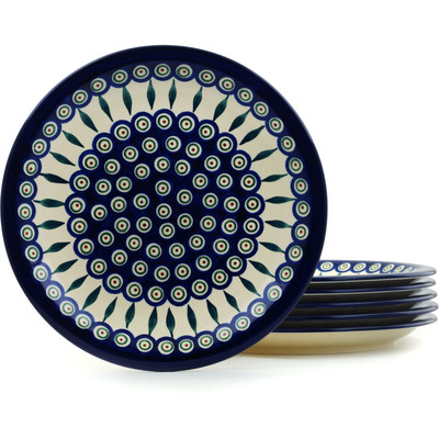Polish Pottery Set of 6 Plates 11&quot; Peacock Leaves