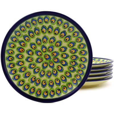 Polish Pottery Set of 6 Plates 7&quot; Peacock Feathers