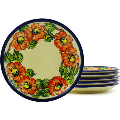 Polish Pottery Set of 6 Plates 7&quot; Red Poppy Field