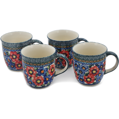 Polish Pottery Set of Four 12oz Mugs Blue And Red Poppies UNIKAT