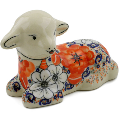 Polish Pottery Sheep Figurine 7&quot; Poppy Passion