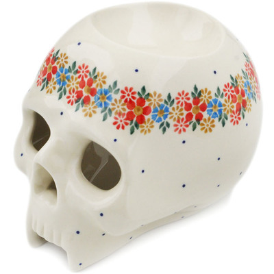 Polish Pottery Skull Figurine 5&quot; Flowers In The Spring UNIKAT
