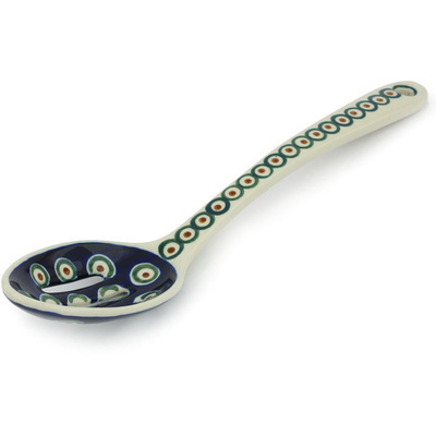 Polish Pottery Slotted Serving Spoon 13&quot; Peacock Leaves