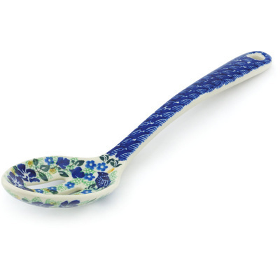 Polish Pottery Slotted Serving Spoon 13&quot; Sitting Blue Birds UNIKAT