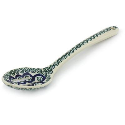 Polish Pottery Slotted Serving Spoon 13&quot; Swirling Peacock