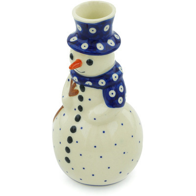 Polish Pottery Snowman Candle Holder 6&quot; Blue Eyed Peacock