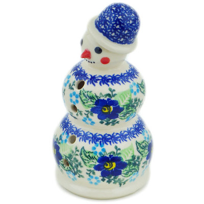 Polish Pottery Snowman Candle Holder 6&quot; Blue Floral Day UNIKAT