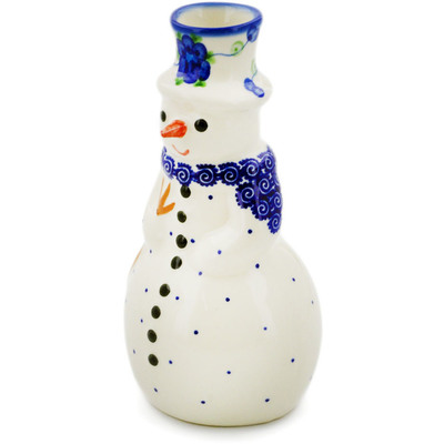 Polish Pottery Snowman Candle Holder 6&quot; Blue Poppies