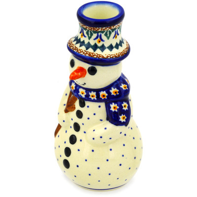 Polish Pottery Snowman Candle Holder 6&quot; Floral Peacock UNIKAT
