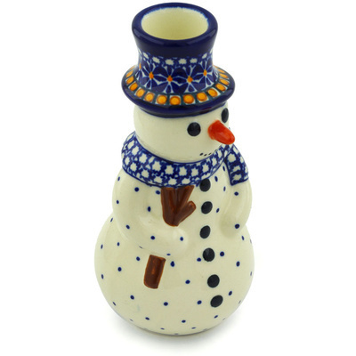 Polish Pottery Snowman Candle Holder 6&quot; Gangham Flower Chain