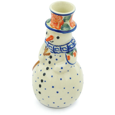 Polish Pottery Snowman Candle Holder 6&quot; Happiness UNIKAT