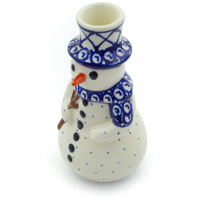 Polish Pottery Snowman Candle Holder 6&quot; Lattice Peacock