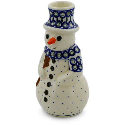 Polish Pottery Snowman Candle Holder 6&quot; Peacock Leaves