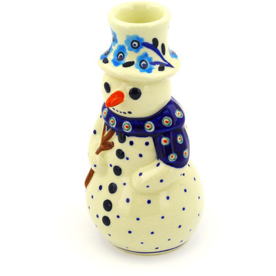 Polish Pottery Snowman Candle Holder 6&quot; Peacock Poppies