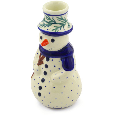 Polish Pottery Snowman Candle Holder 6&quot; Pine Boughs