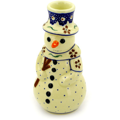 Polish Pottery Snowman Candle Holder 6&quot; Sweet Red Flower