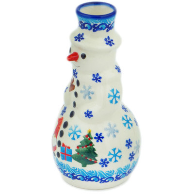 Polish Pottery Snowman Candle Holder 6&quot; Winter Gnome