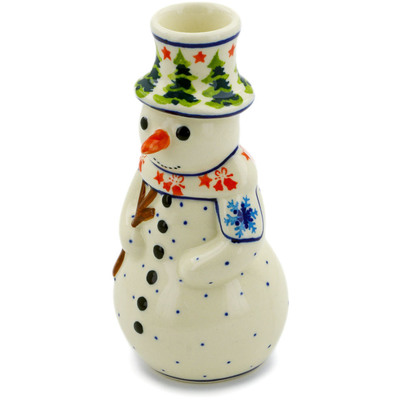 Polish Pottery Snowman Candle Holder 6&quot; Winter Land