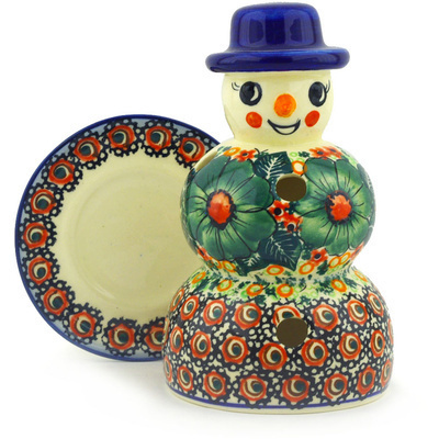 Polish Pottery Snowman Candle Holder 7&quot; Bloom &amp; Wild UNIKAT