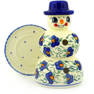 Polish Pottery Snowman Candle Holder 7&quot; Blooming Happiness UNIKAT
