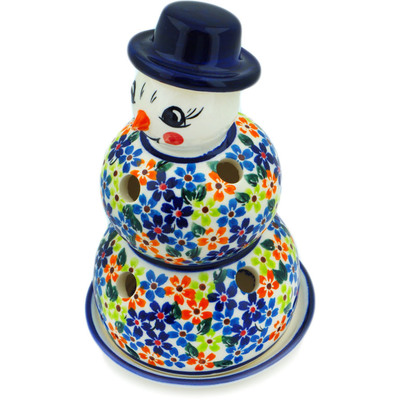 Polish Pottery Snowman Candle Holder 7&quot; Floating Flowers UNIKAT