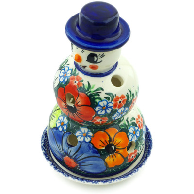 Polish Pottery Snowman Candle Holder 7&quot; Summertime Blues UNIKAT