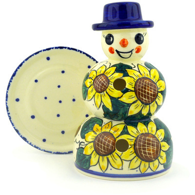 Polish Pottery Snowman Candle Holder 7&quot; Sunflower Power UNIKAT