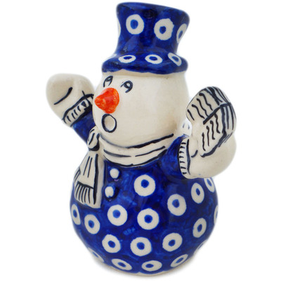 Polish Pottery Snowman Figurine 3&quot; Blue Eyes