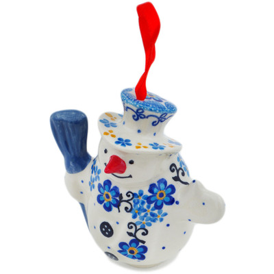 Polish Pottery Snowman Ornament With Bell 4&quot;