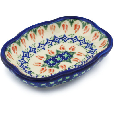 Polish Pottery Soap Dish 5&quot; Tulips And Diamonds