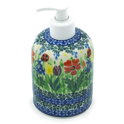 Polish Pottery Soap Dispenser 5&quot; Lady Bug Tulips UNIKAT
