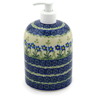 Polish Pottery Soap Dispenser 7&quot; Blue Daisy Circle