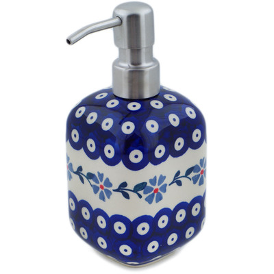 Polish Pottery Soap Dispenser 7&quot; Peacock Forget-me-not